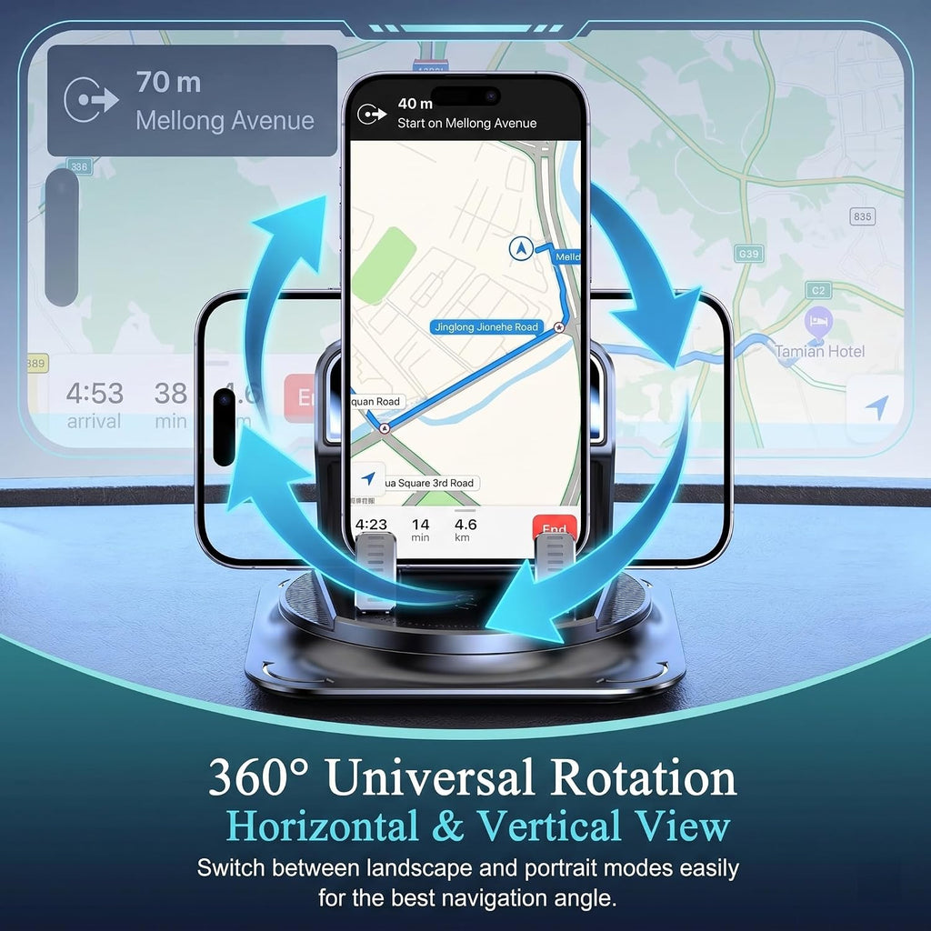 Car Dashboard Phone Holder, 360-Degrees Rotating Non-Slip Navigation Mount, Auto-Locking Portable Stand with Self-Adhesive, Universal Wider Bracket for Most Size Smartphones (Black)