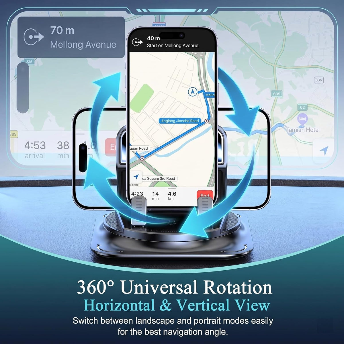 Car Dashboard Phone Holder, 360-Degrees Rotating Non-Slip Navigation Mount, Auto-Locking Portable Stand with Self-Adhesive, Universal Wider Bracket for Most Size Smartphones (Black)