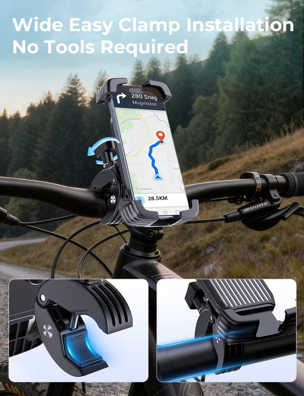 Bike Phone Holder Mount, Motorcycle Phone Mount, 360° Adjustable Phone Holde Mount for Bike and Motorcycle, Shockproof & Anti-Shake Design, Fits 4.7–7” Smartphones (Black)