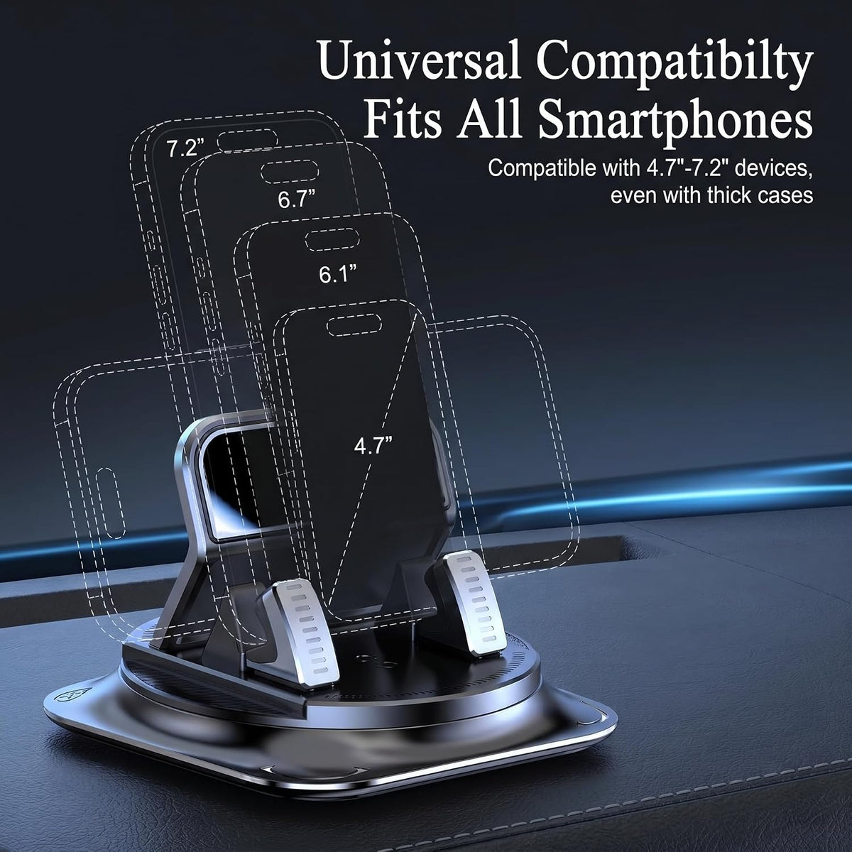 Car Dashboard Phone Holder, 360-Degrees Rotating Non-Slip Navigation Mount, Auto-Locking Portable Stand with Self-Adhesive, Universal Wider Bracket for Most Size Smartphones (Black)