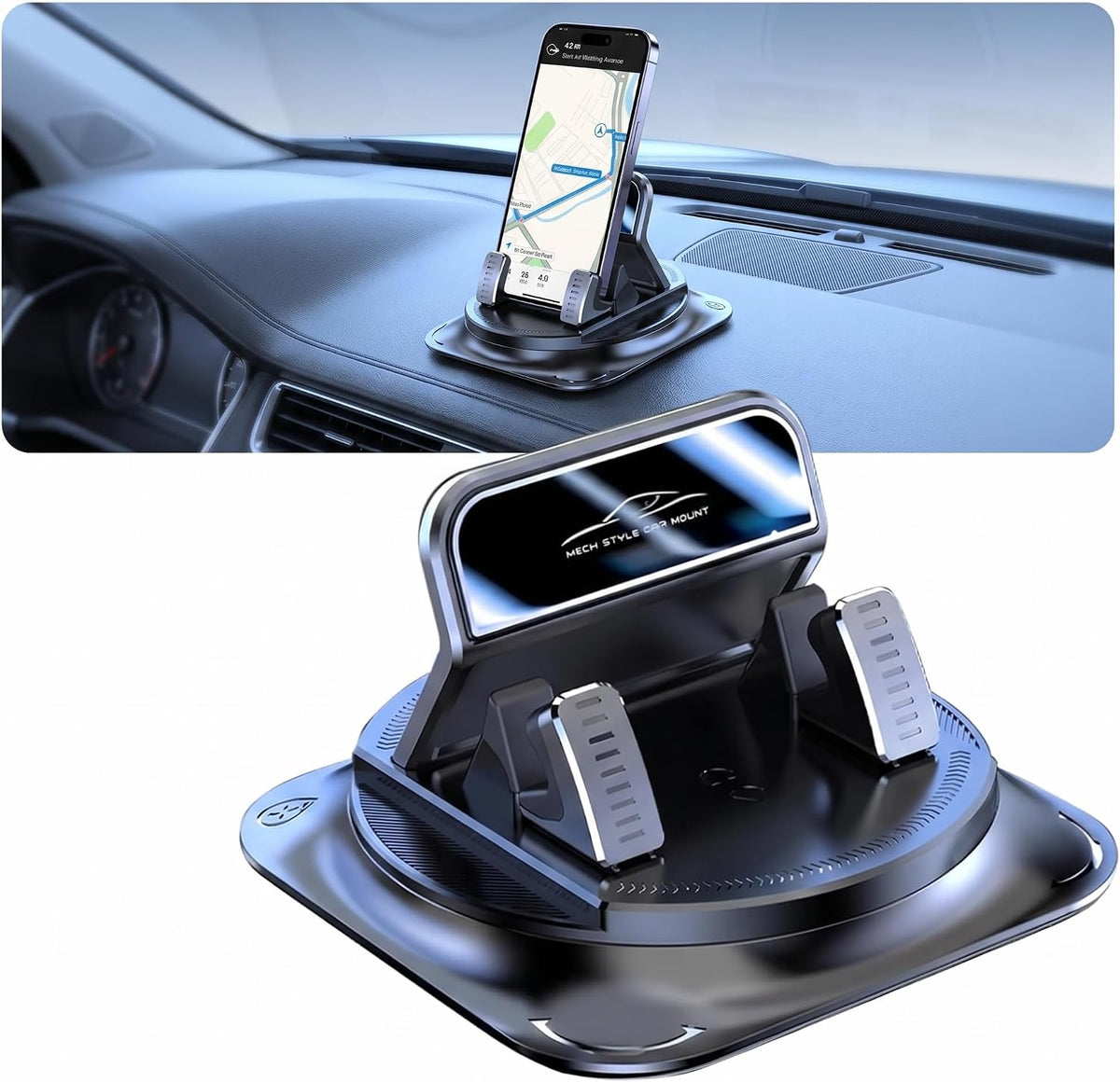 Car Dashboard Phone Holder, 360-Degrees Rotating Non-Slip Navigation Mount, Auto-Locking Portable Stand with Self-Adhesive, Universal Wider Bracket for Most Size Smartphones (Black)