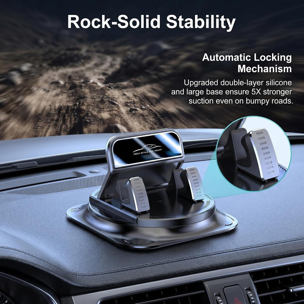 Car Dashboard Phone Holder, 360-Degrees Rotating Non-Slip Navigation Mount, Auto-Locking Portable Stand with Self-Adhesive, Universal Wider Bracket for Most Size Smartphones (Black)